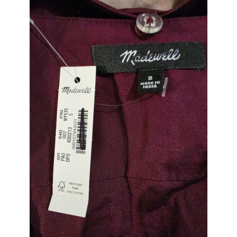 Madewell Plum Cotton Puff Sleeve Tie Neck Button Front Blouse NY535 Small NEW